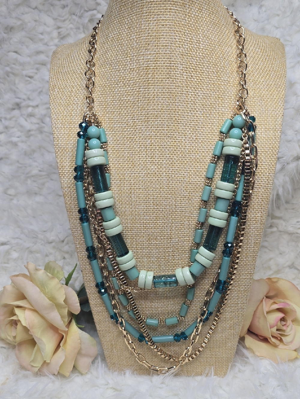 Multi-Strand Mint Green & Teal Lucite/Acrylic  & Gold Tone Chain Necklace